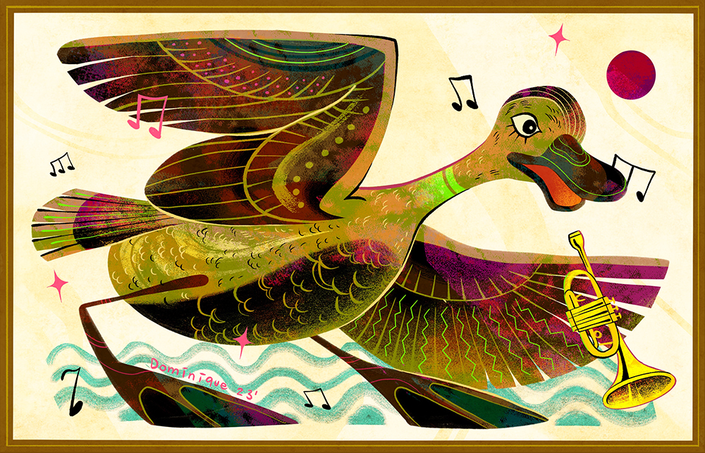 “Shucky Ducky Quack Quack” – duck playing trumpet illustration