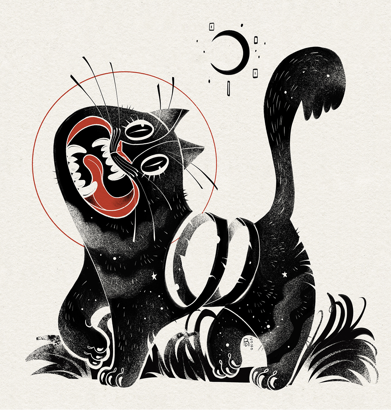 “Unravel” – black cat with red lips illustration