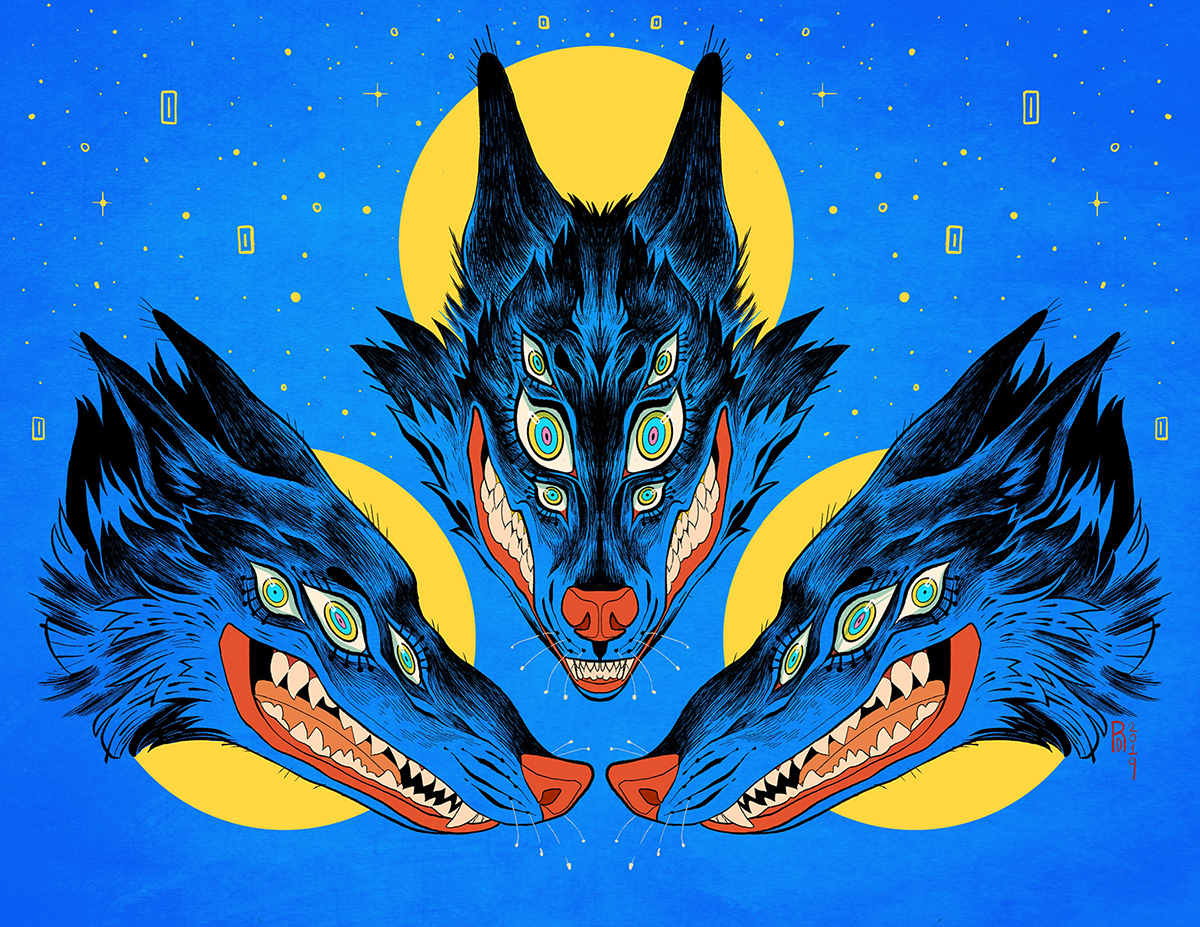 Digital art of three blue wolf heads give a harrowing smile.