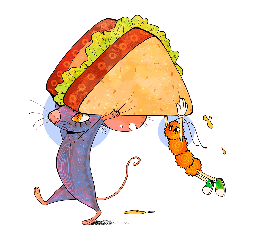 “Sneak a snack”- mouse and caterpillar illustration