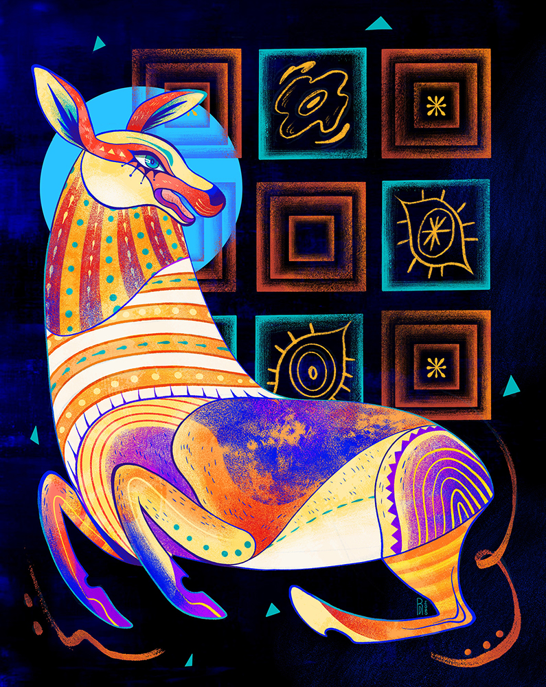 “Square Bits” – purple and yellow antelope illustration