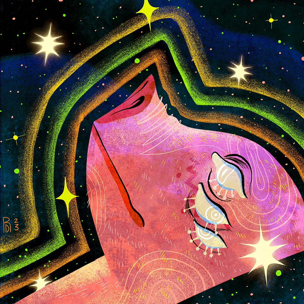 “Starlight, star bright” – pink pig with six eyes illustration
