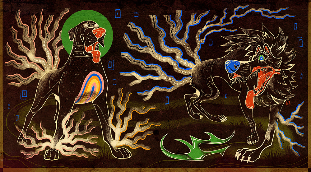 “Static shock” – black dog and wolf illustration
