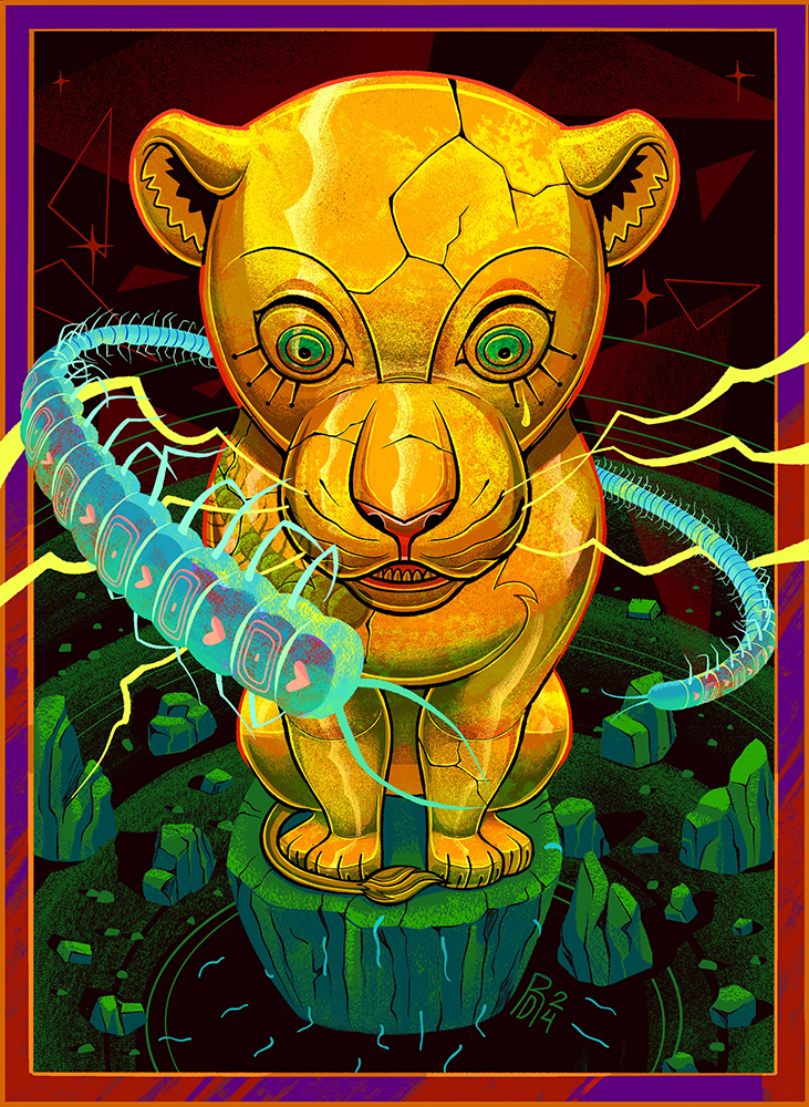 “Statue of a fool made of stone” – gold lioness illustration