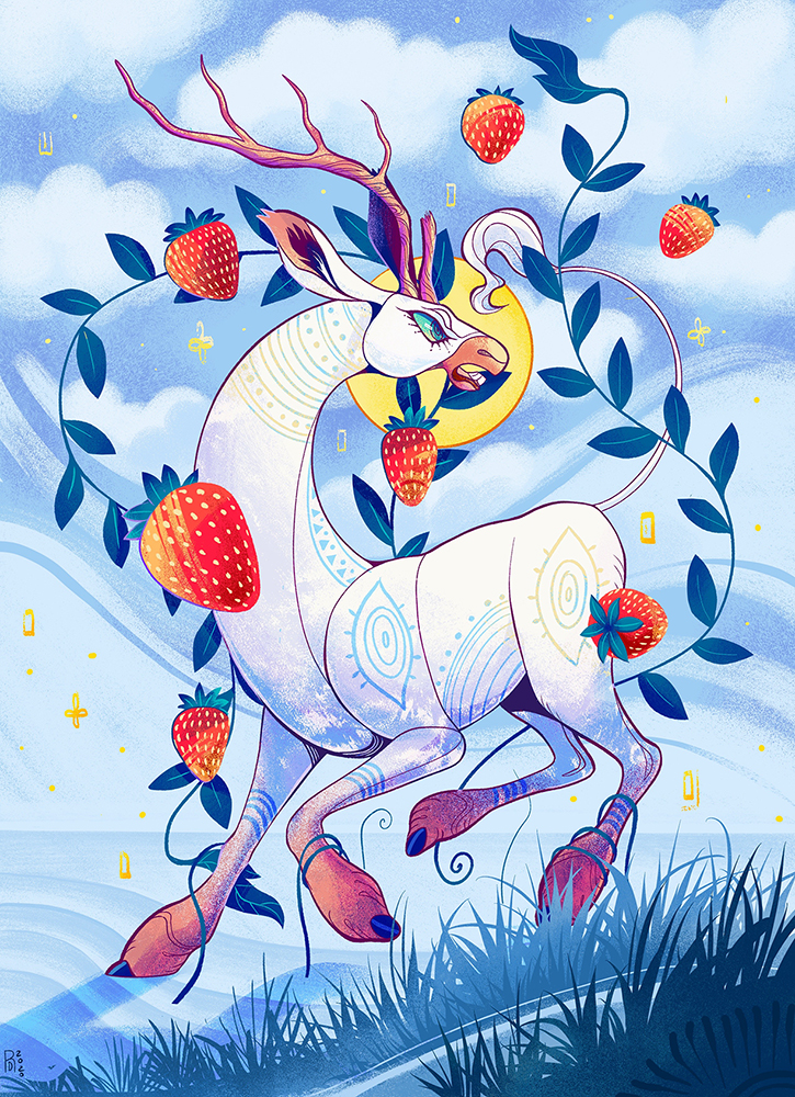 “Strawberry 23” – deer surrounded by strawberries illustration