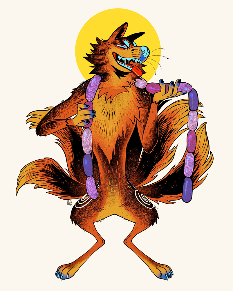 An orange Kitsune fox with five tails holding purple sausages.