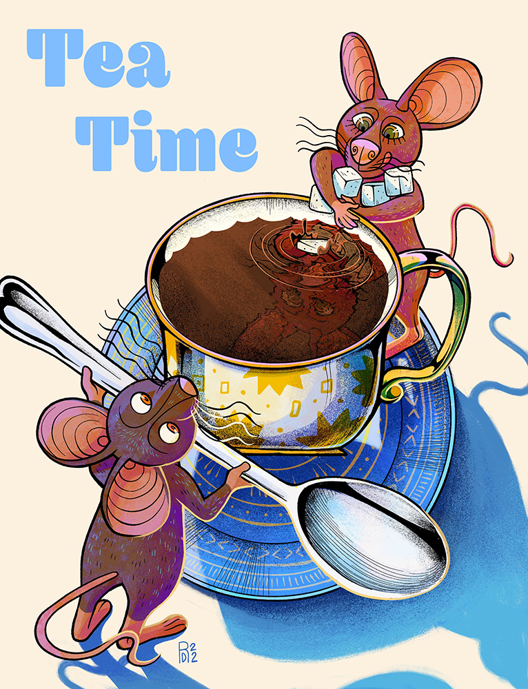 “Tea Time” – two brown mice making tea illustration