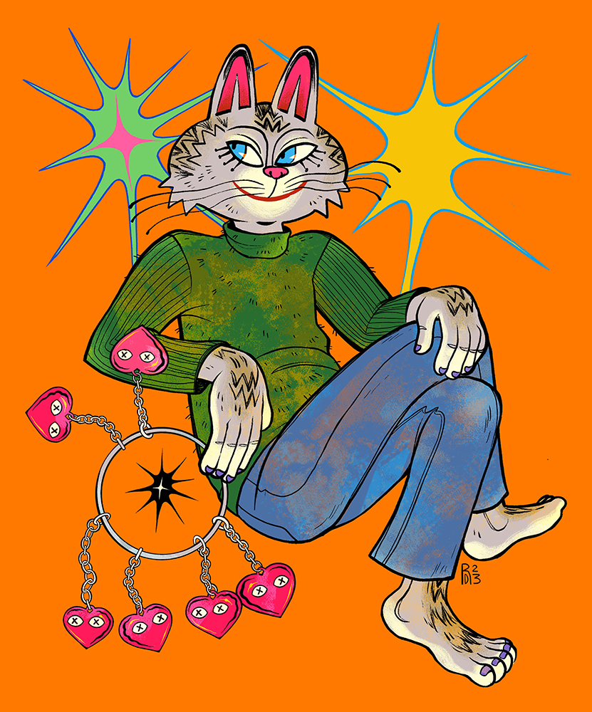 Illustration of a gray bipedal cat wearing a green sweater and jeans, holding a key chain loop with multiple pink hearts on it.