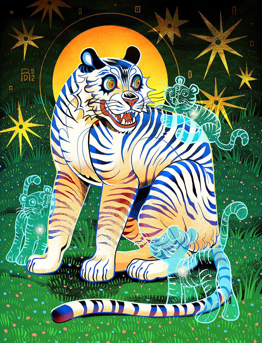 Illustration of a mother white tiger surrounded by three of her cubs. The cubs are transparent in the form of ghosts.