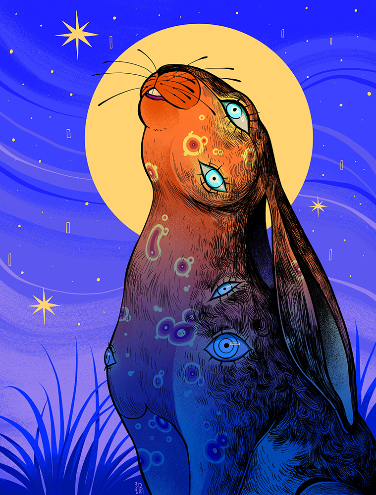 “Twilight time” – orange hare covered in eyeballs illustration