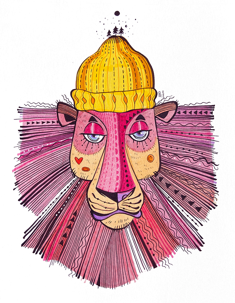 “wanderer” – pink lion wearing a beanie illustration