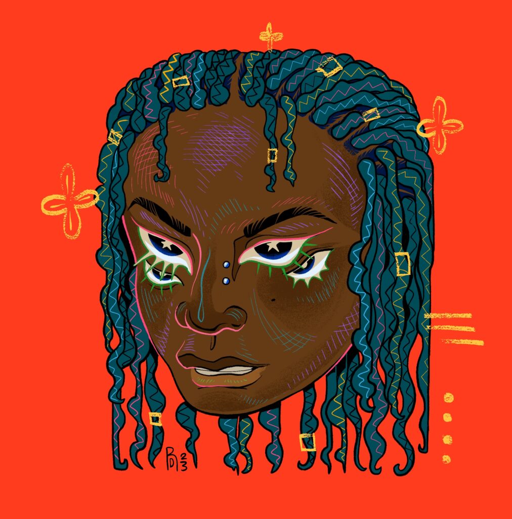 Illustration of a black girl with green braids and four eyes.