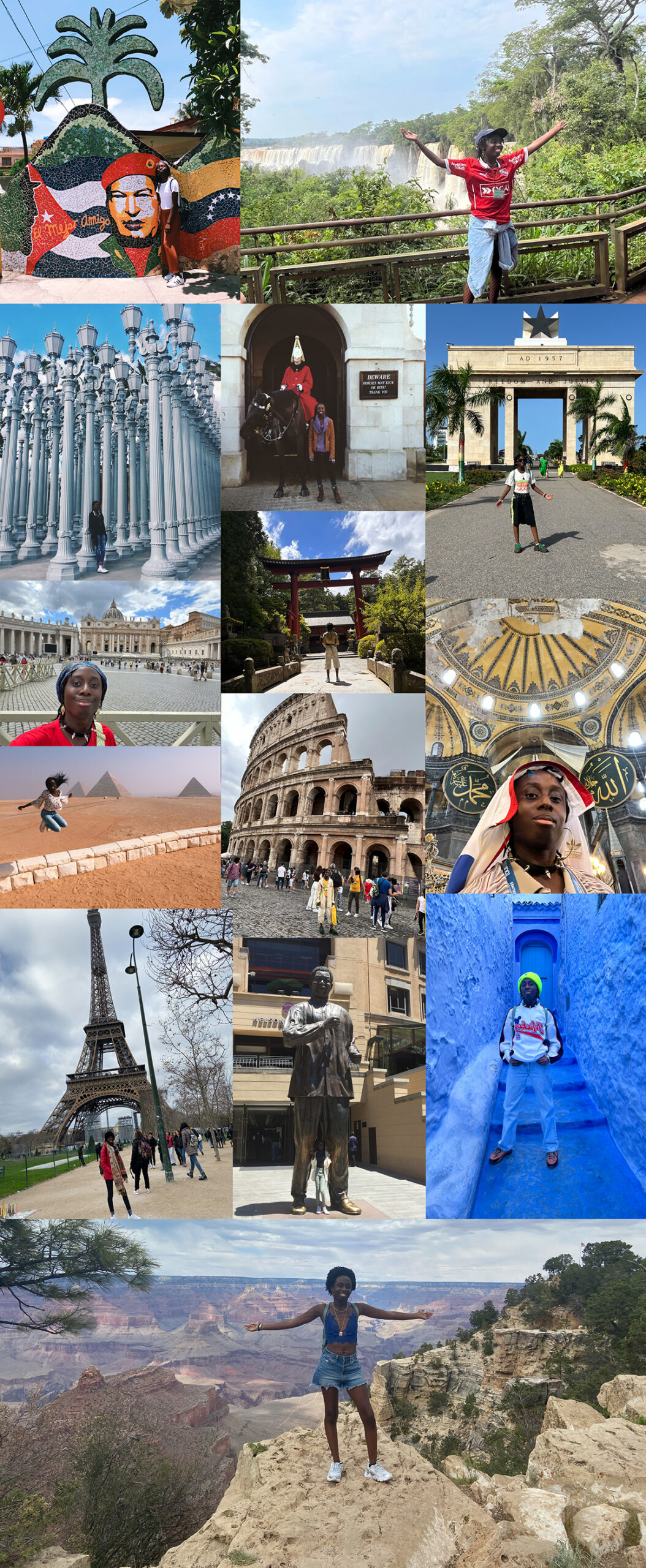 Fourteen images of the illustrator, Dominique Ramsey, at tourist landmarks around the world.