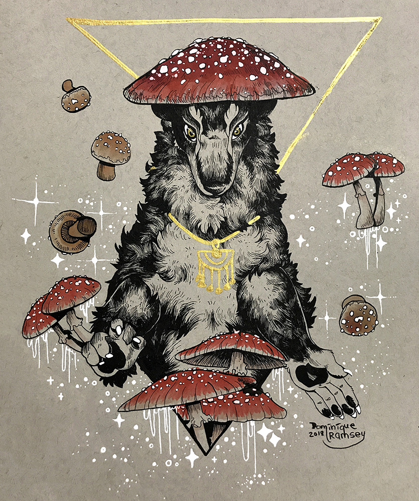 Badger with mushrooms – traditional illustration