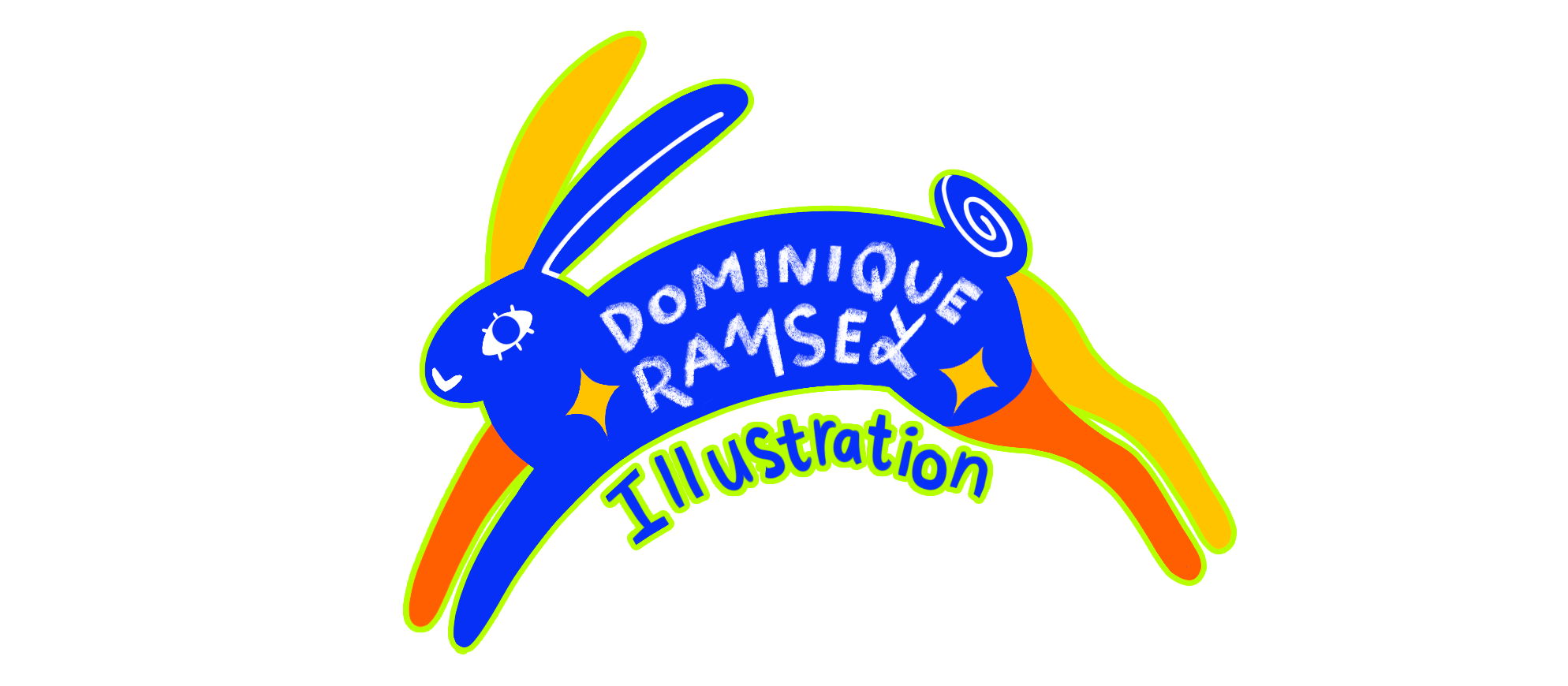 A blue, yellow, and orange rabbit leaping. the text on the rabbit reads "Dominique Ramsey". While text under the rabbit reads "illustration".