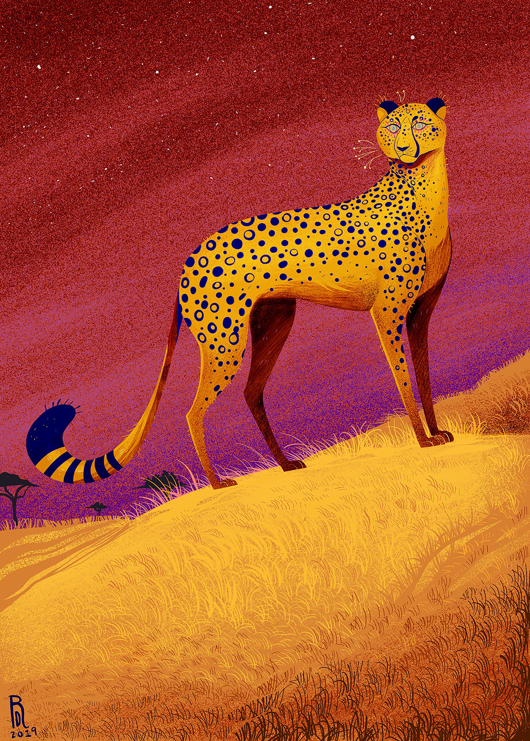 Illustration of a cheetah watching the sunset.