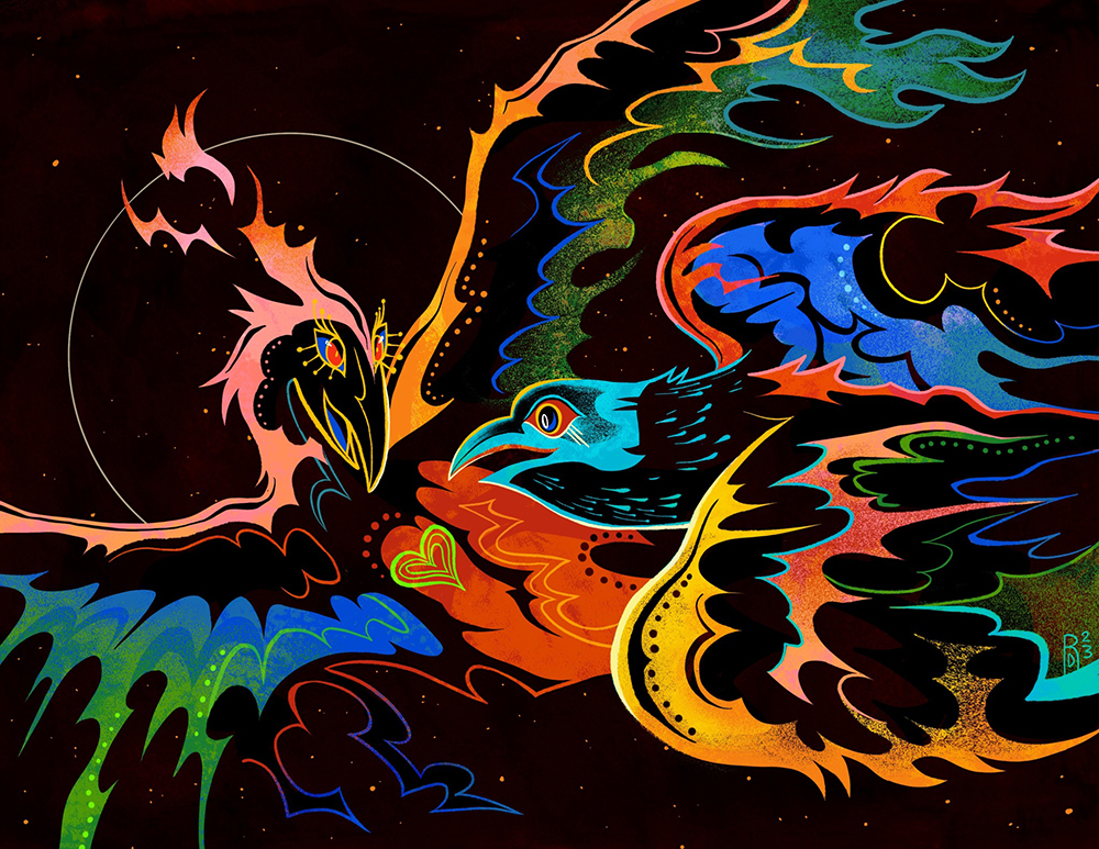 “Cruisin’ together” – two phoenixes illustration