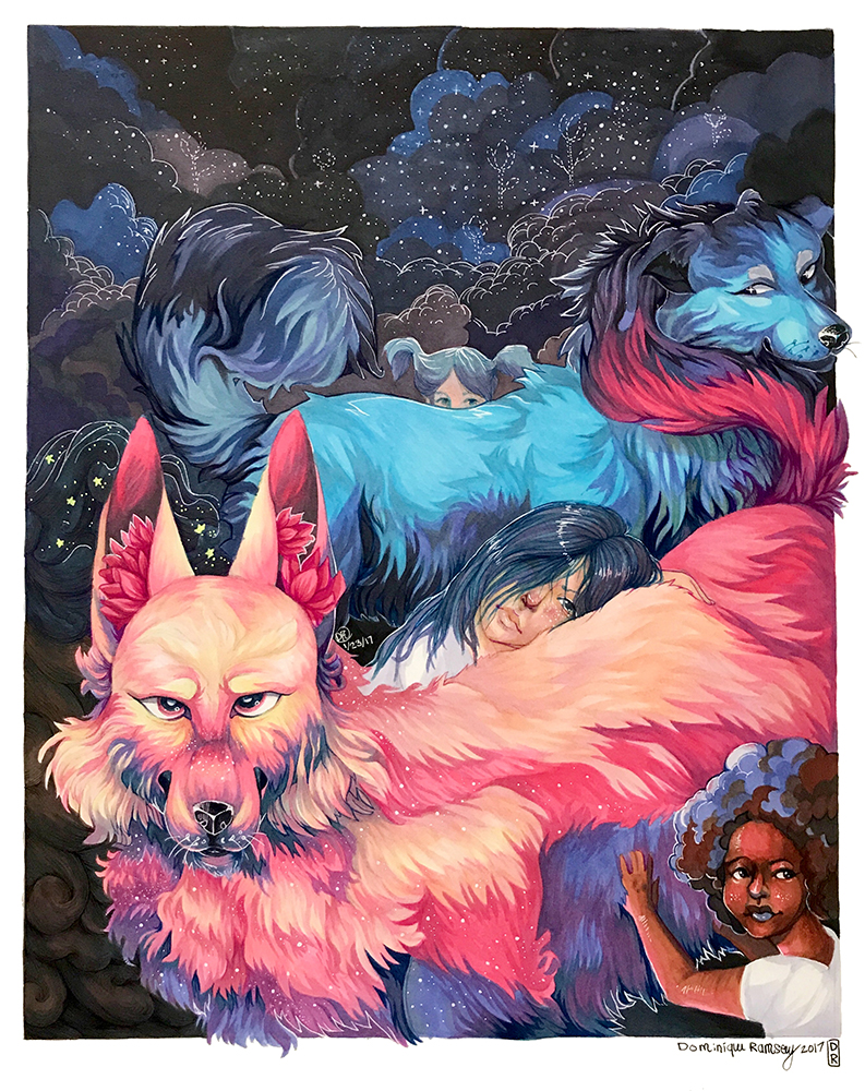 “Dreams” – traditional dogs with children illustration