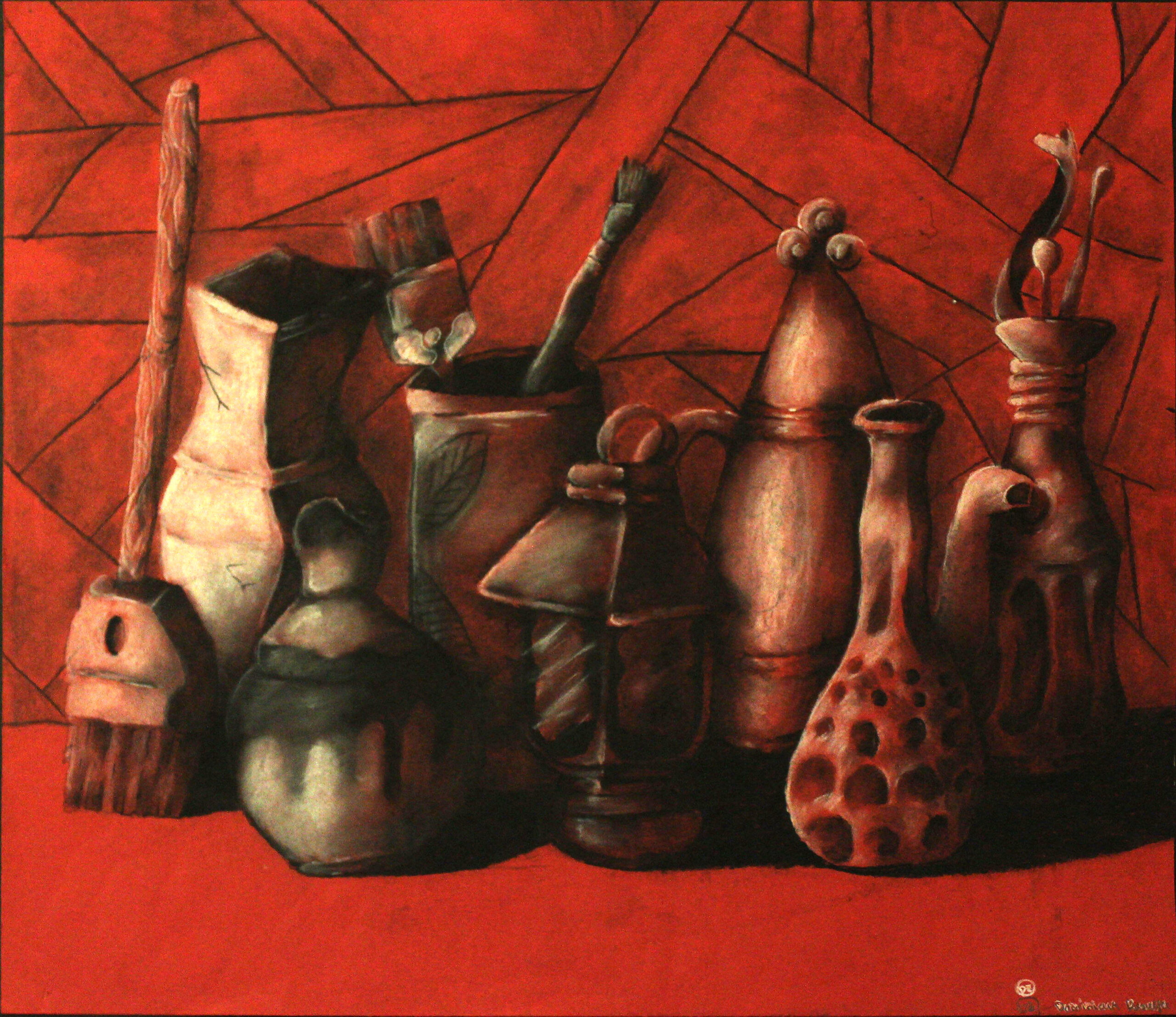 A charcoal still life drawing of vases, bottles, and brushes.