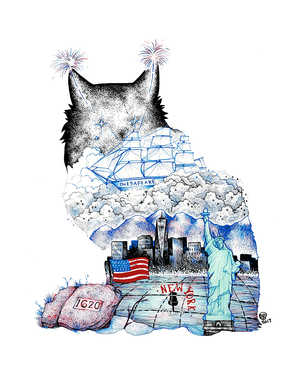 Illustration of the New York City skyline, Appalachian mountains, Statue of Liberty outlining the silhouette of a Maine Coon cat.