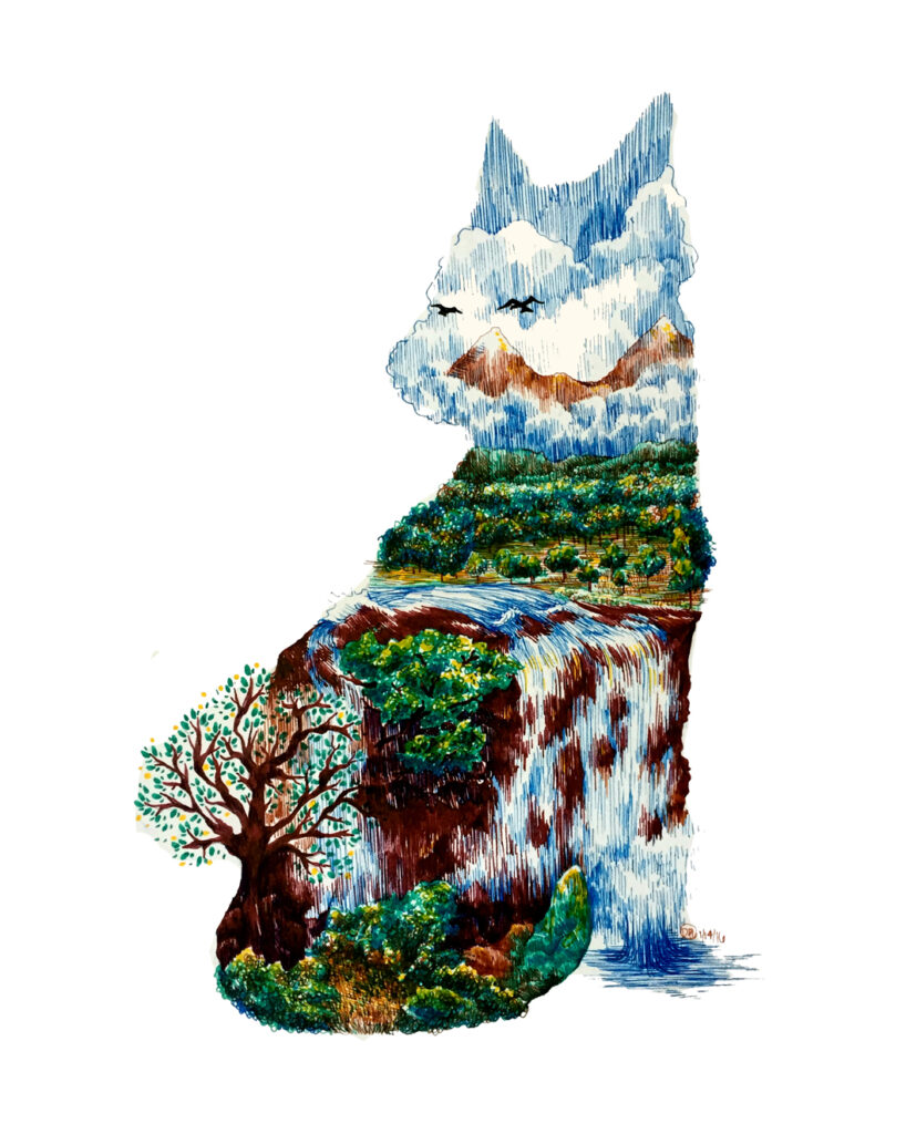 Illustration of a waterfall and mountains making up the silhouette of an Abyssinian cat.