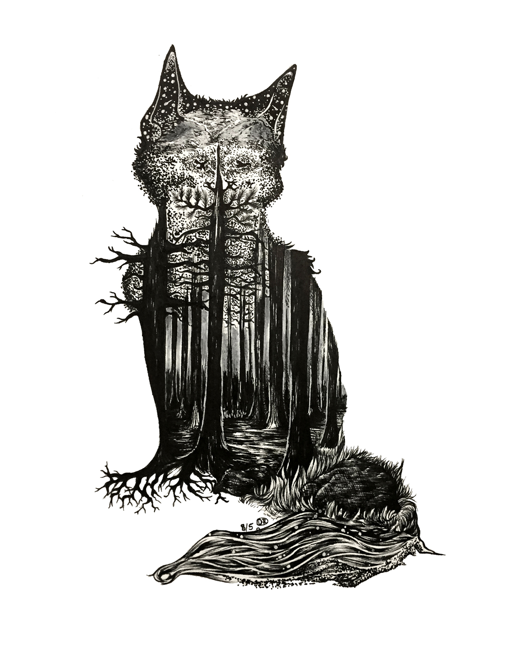 Illustration of a black forest making up the silhouette of a Norwegian Forest cat.