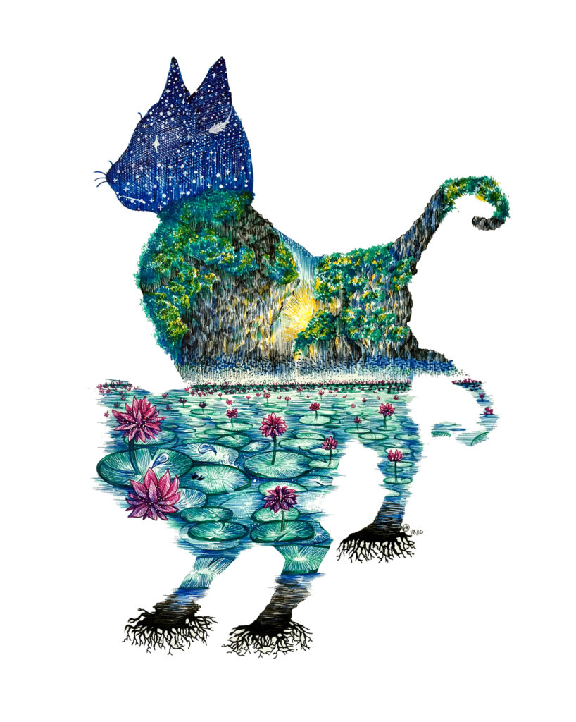 Illustration of lily pads and cliffs making up the silhouette of a Siamese cat.