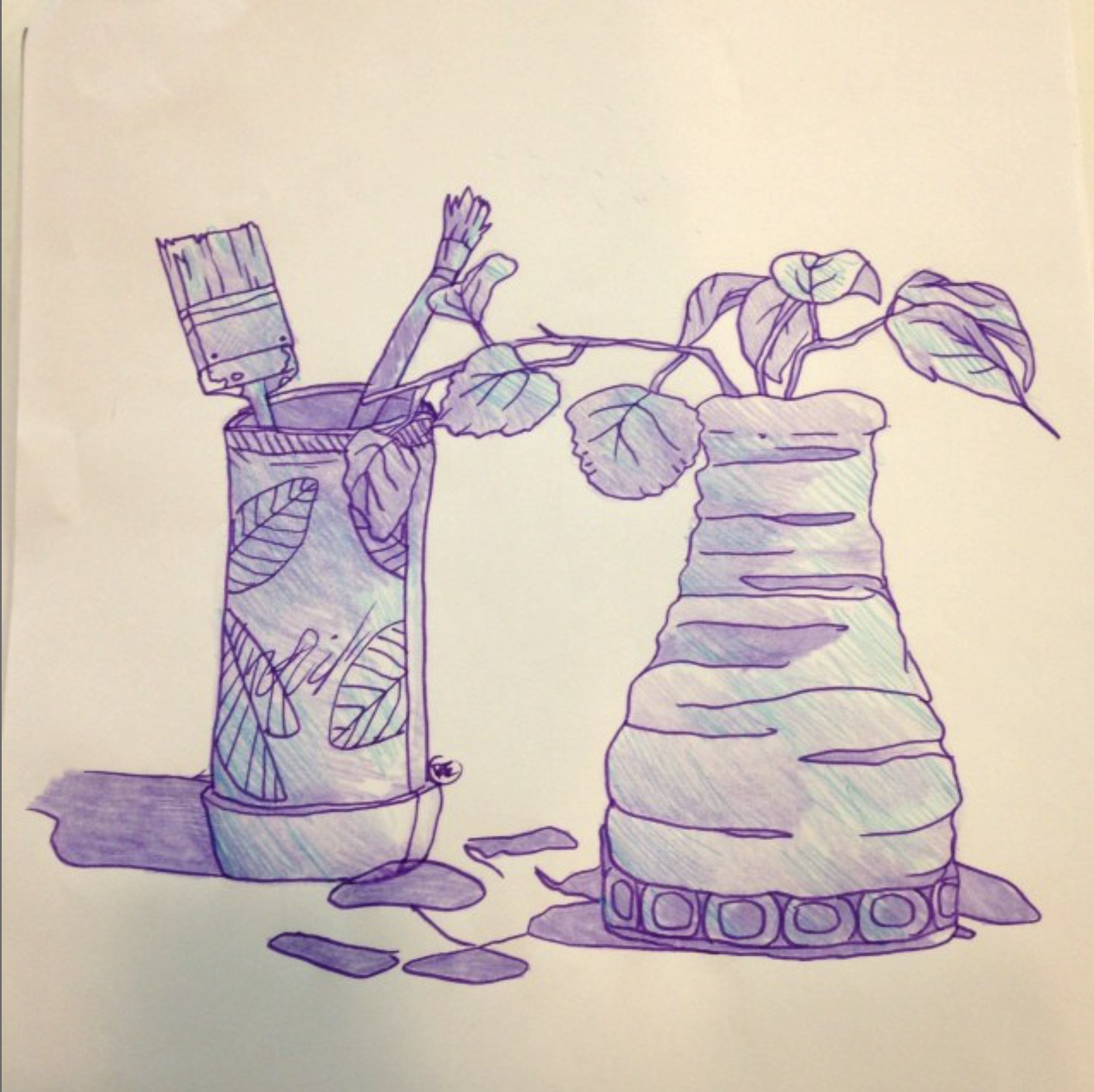 A drawing of 2 vases, one with plants in it and the other with paint brushes in it.