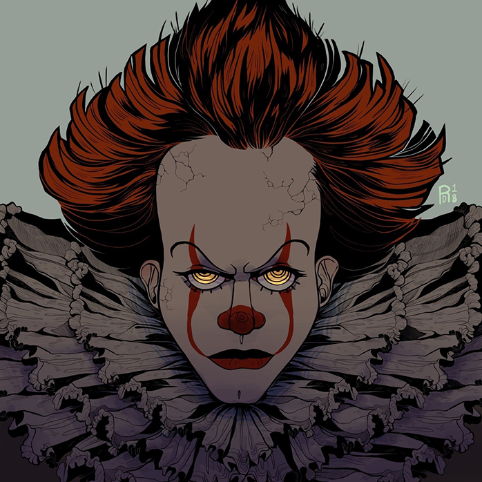 A white clown with a frilly neck collar, red hair, and a red nose.