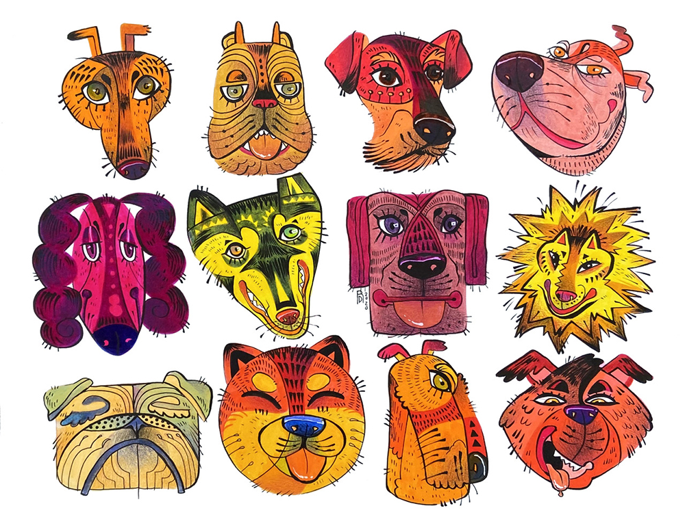 “People who need people” – twelve dog heads illustration