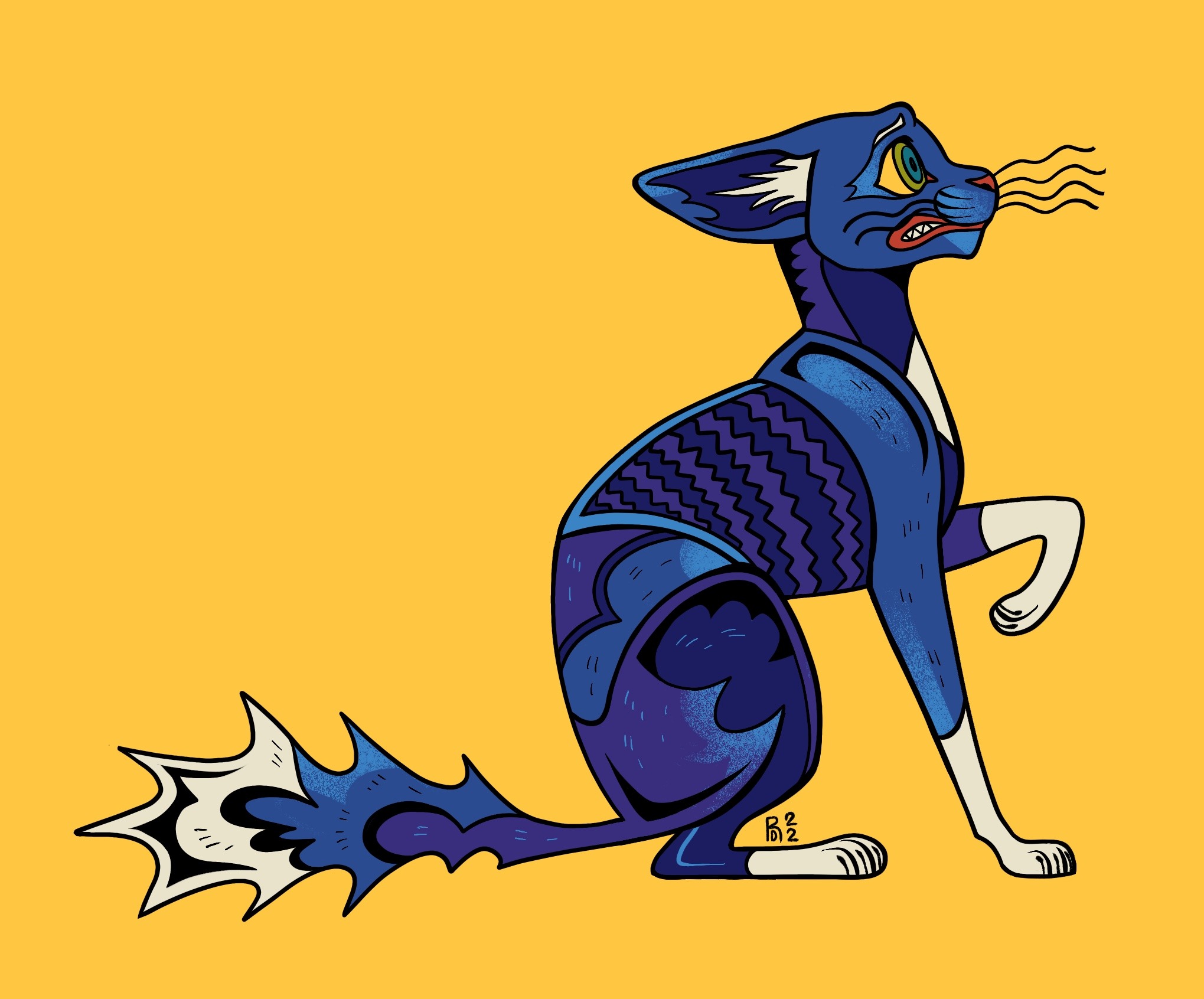 Illustration of a black cat with white "sock" markings on his legs, and a white tip to his tail.