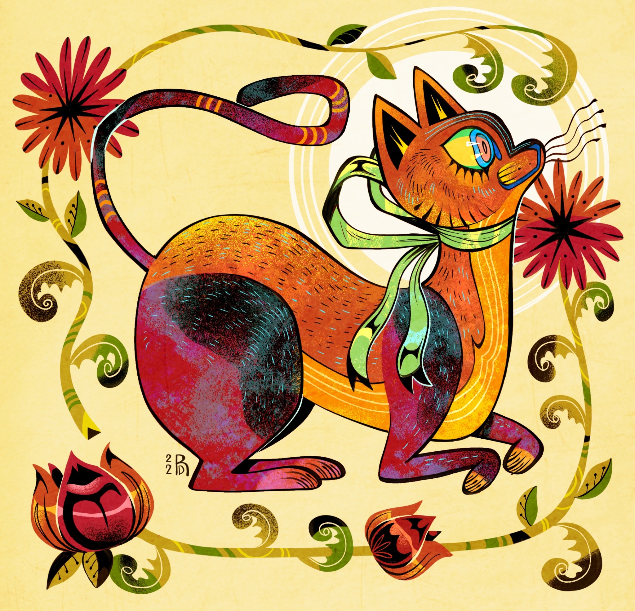 Red cat with red flowers illustration