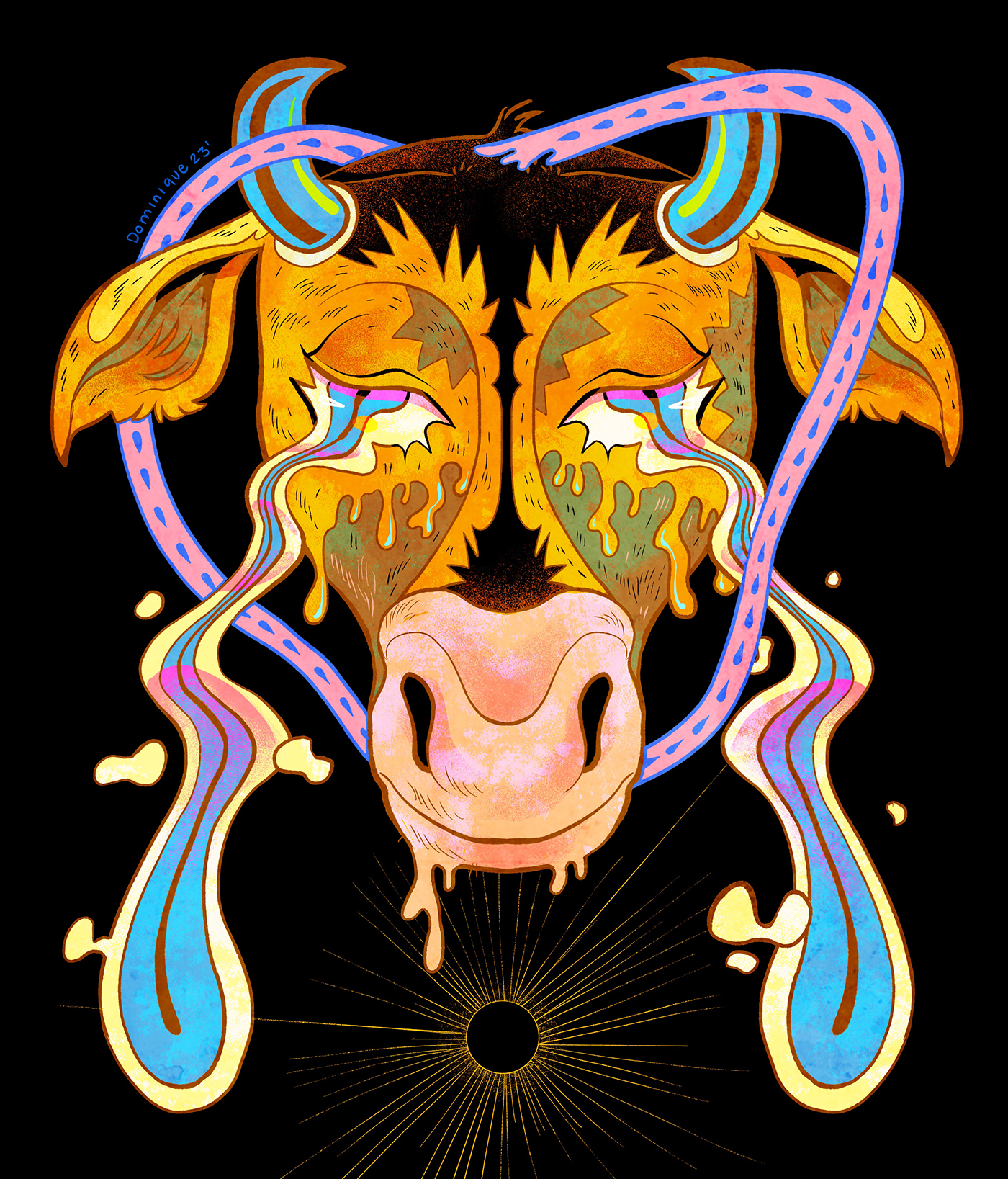 Illustration of a cow head shedding tears, only except the tears are made up of it's eyeball.