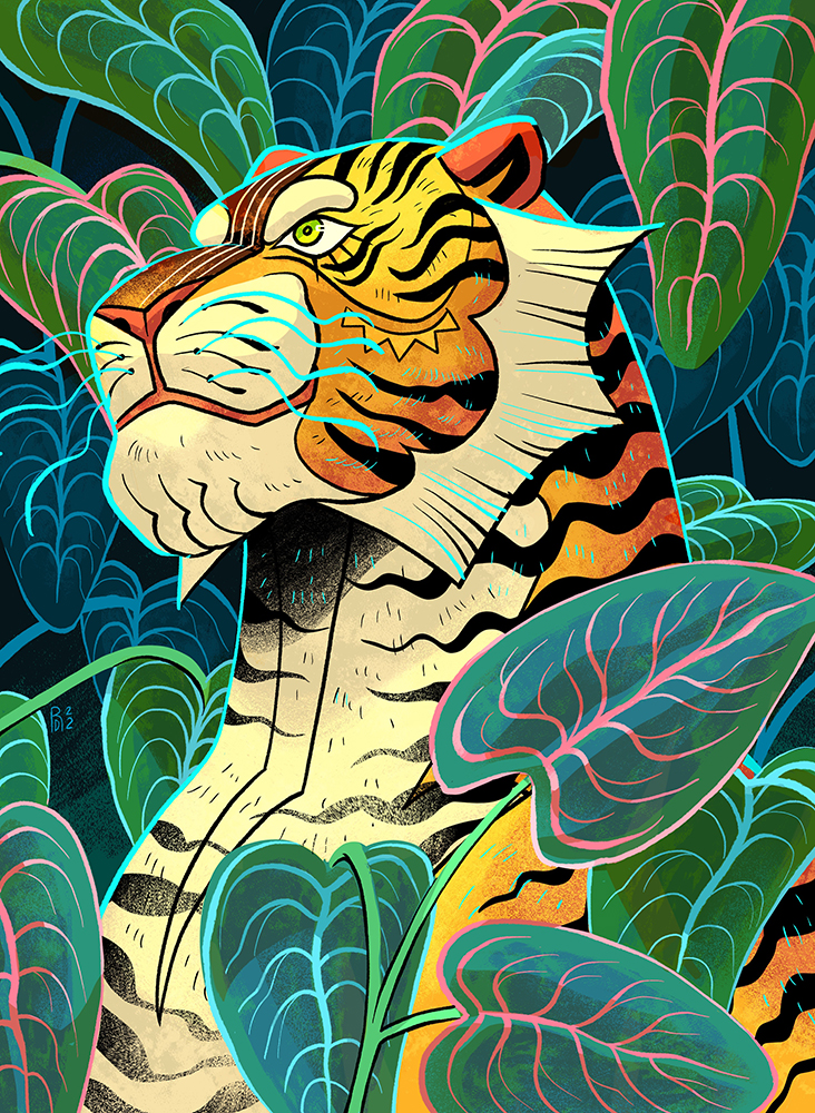 “Tiger, Tiger” – Orange tiger in jungle illustration