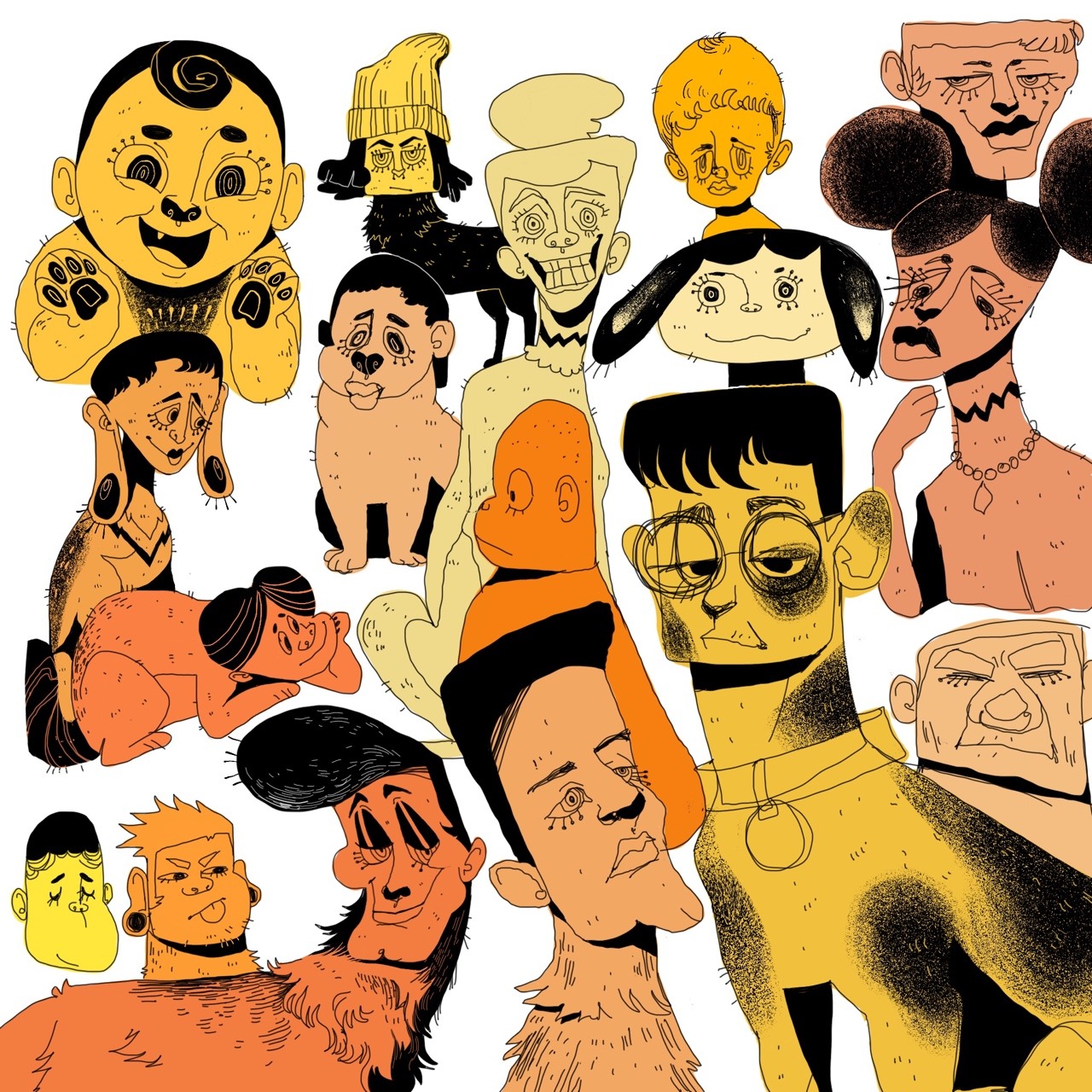 Sketches of various people with four-legged animal bodies. Sketches are colored in orange and yellow.