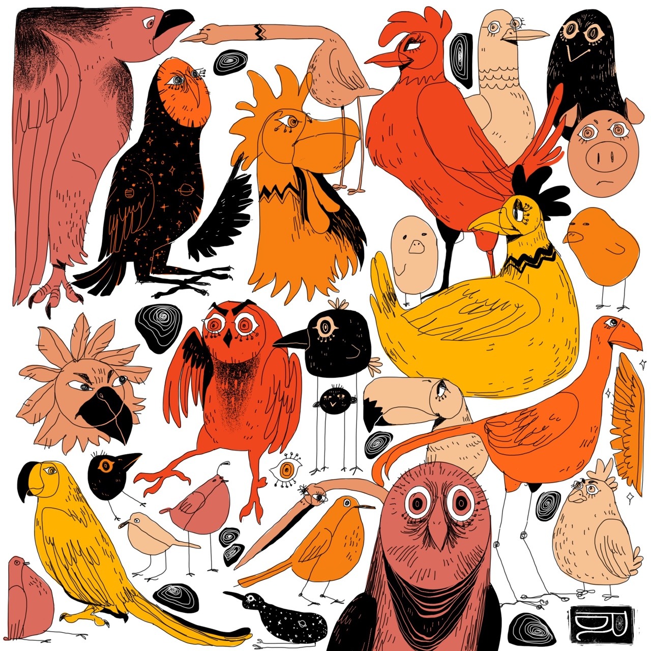 Sketchbook: various birds and one pig