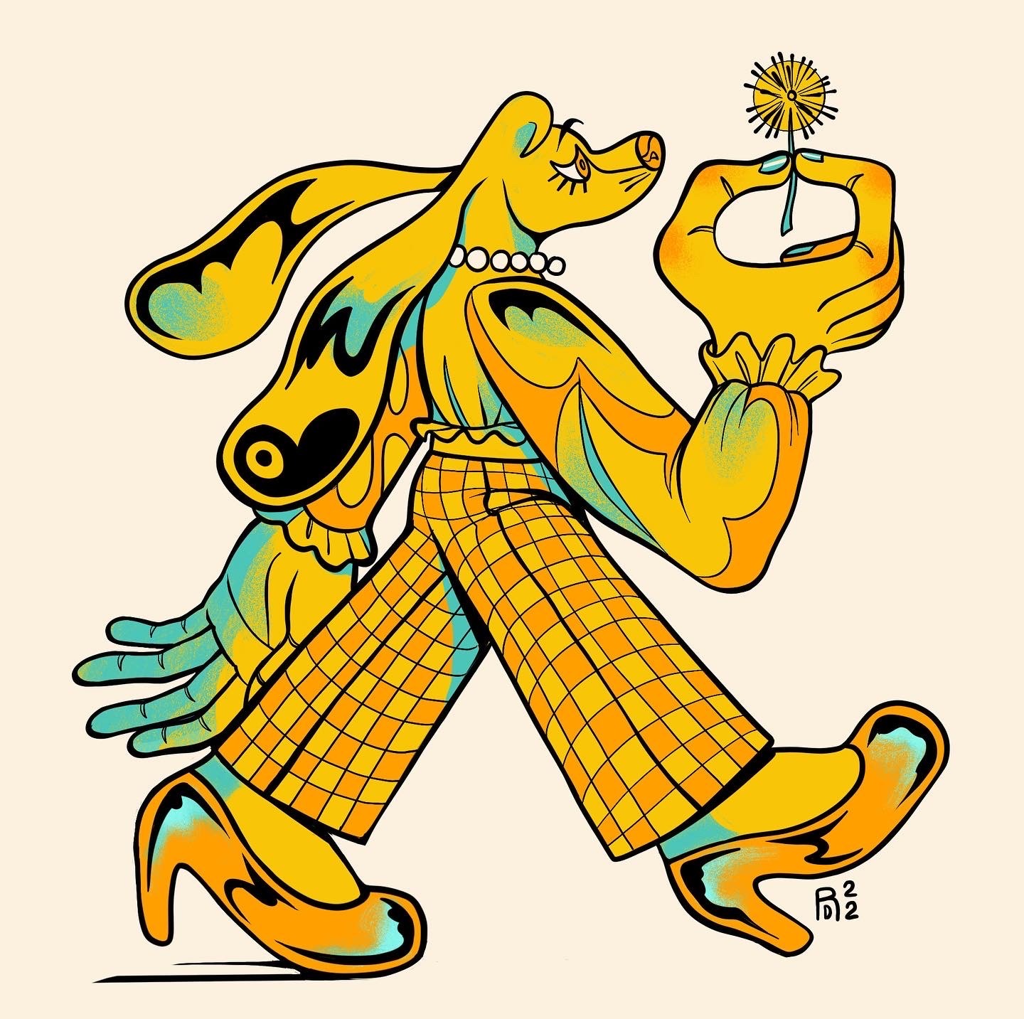 Illustration of a yellow bipedal dog wearing a blouse, heels, and trousers while holding a flower.