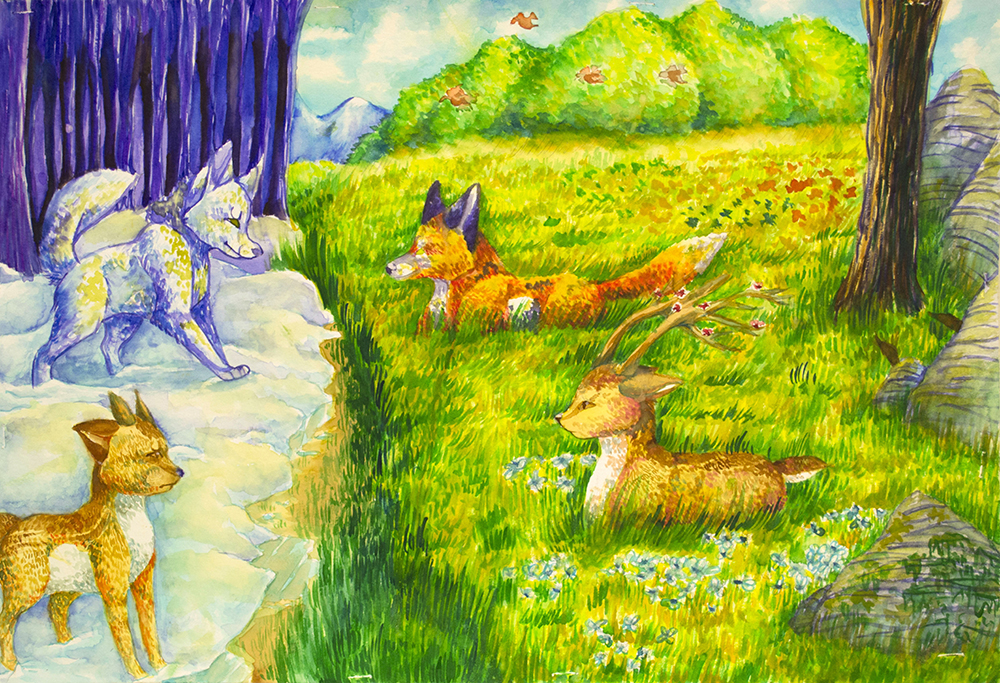 “A new beginning” – deer and fox painting