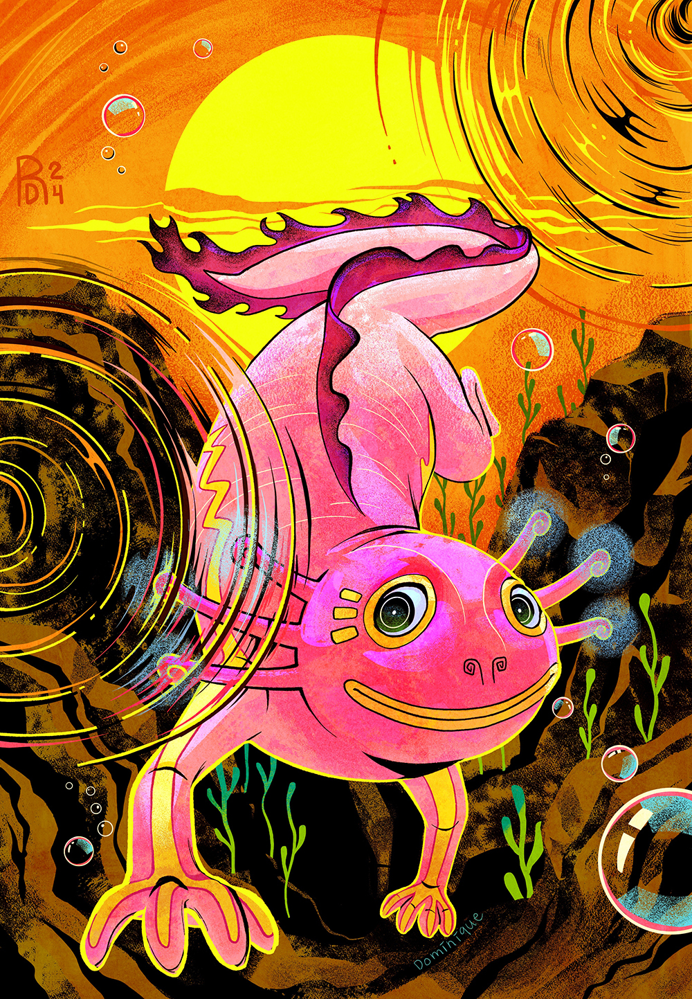 Illustration of a pink Axolotl in the waters of a lake.