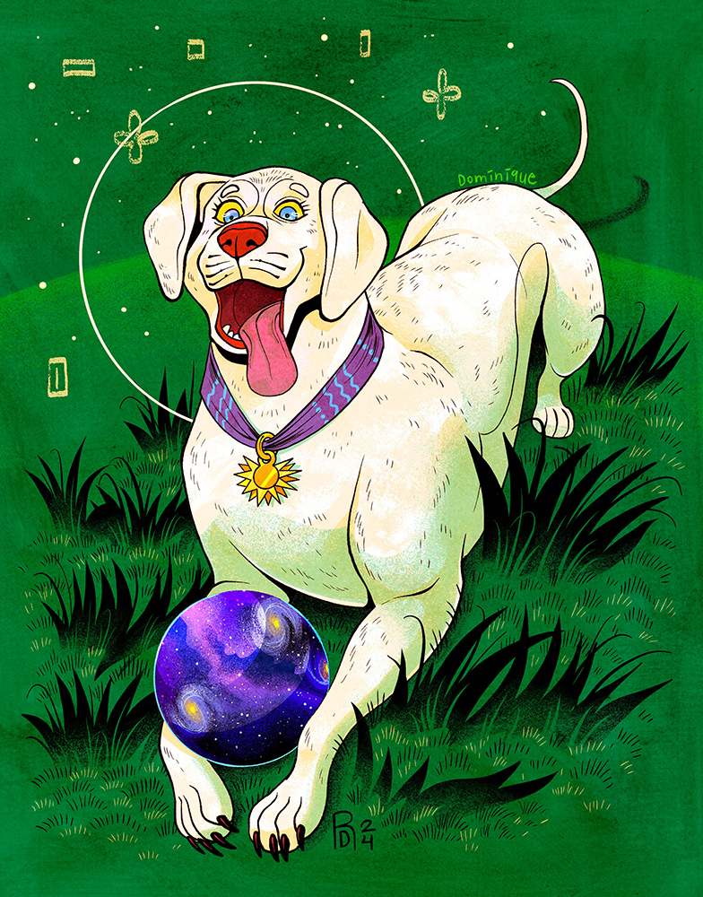 Orion’s belt – white dog with galaxy in a ball illustration