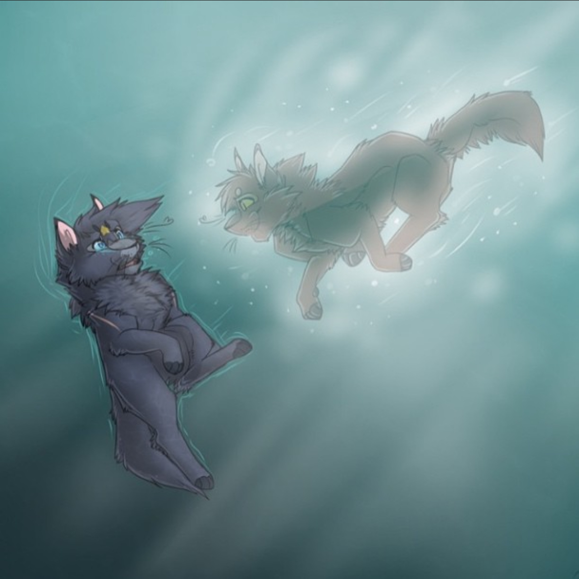 Illustration of a blue cat sinking into the depths of a lake. Her deceased mate come to her in a mist of white.