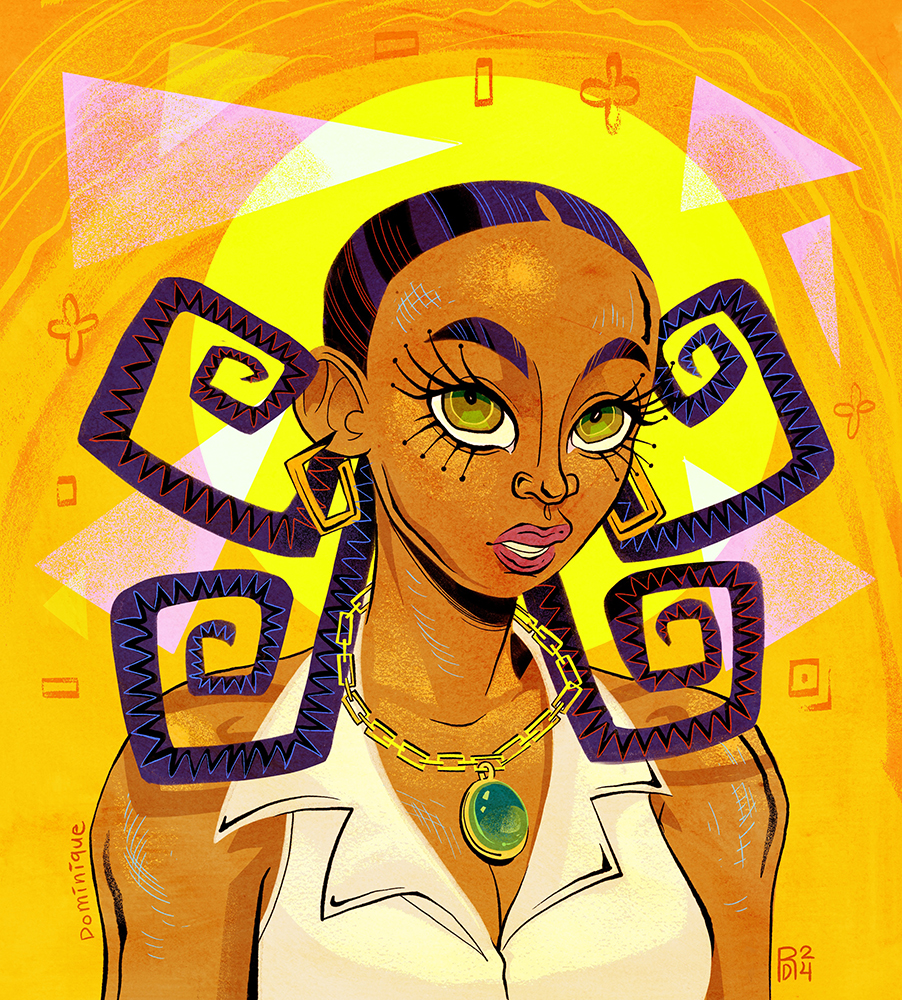 Illustration of a black woman with braided hair twisted into geometric shapes. She has green eyes and wears gold jewelry.