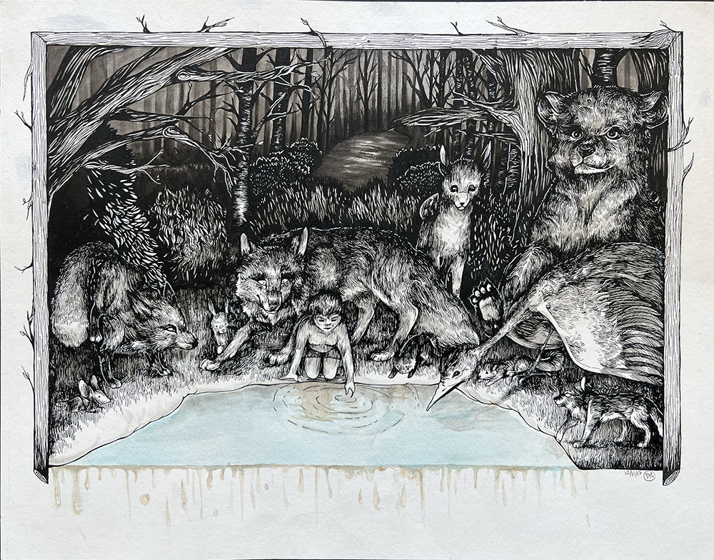“The pond is dying…” – child with animals in the woods illustration