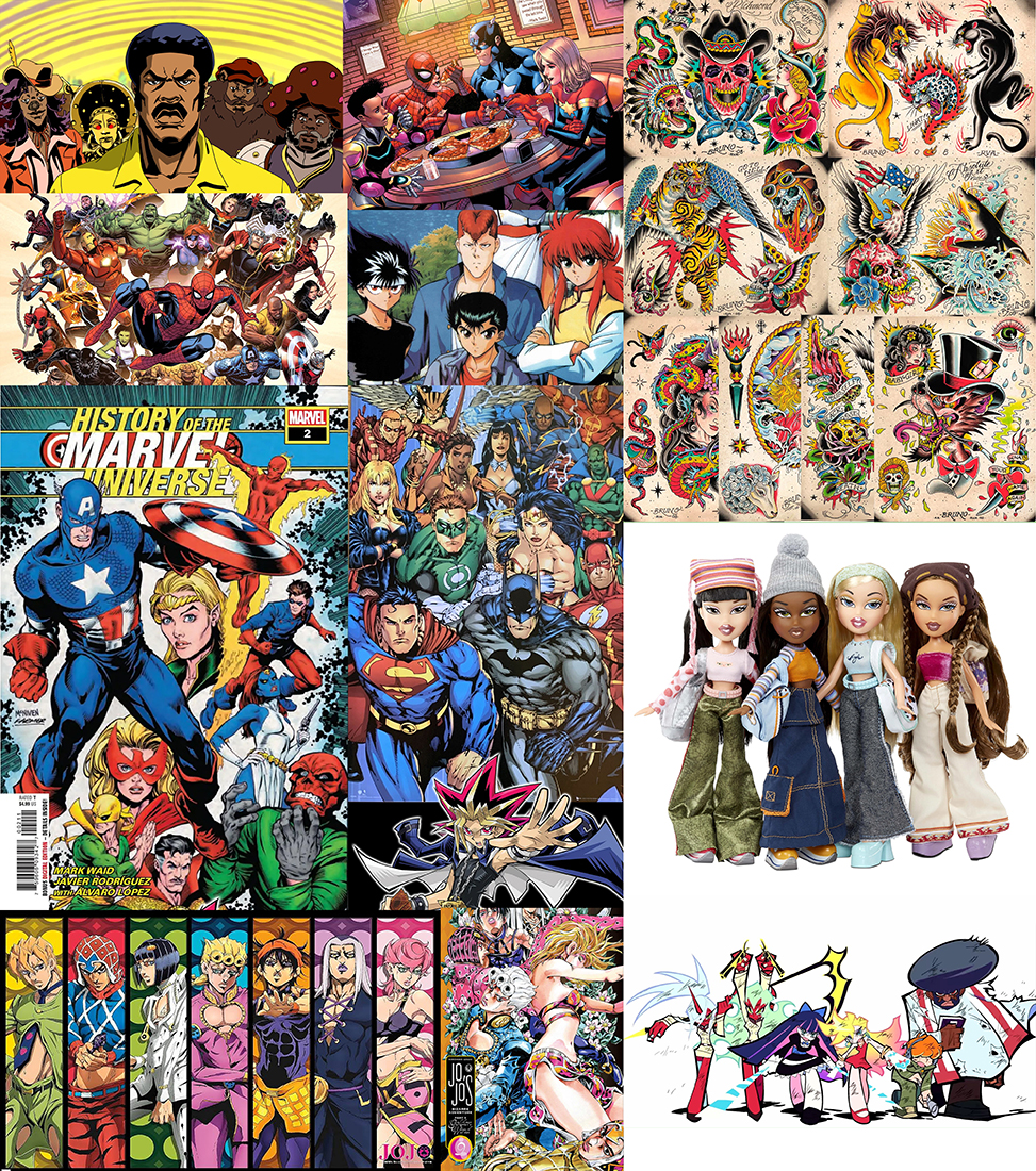 An image showing scenes from the animated shows Black Dynamite, Yu Gi Oh, Panty and stocking, and Yu Yu Hakusho. Comic covers from DC and Marvel, tattoo designs by Brian Bruno, and Bratz Dolls.