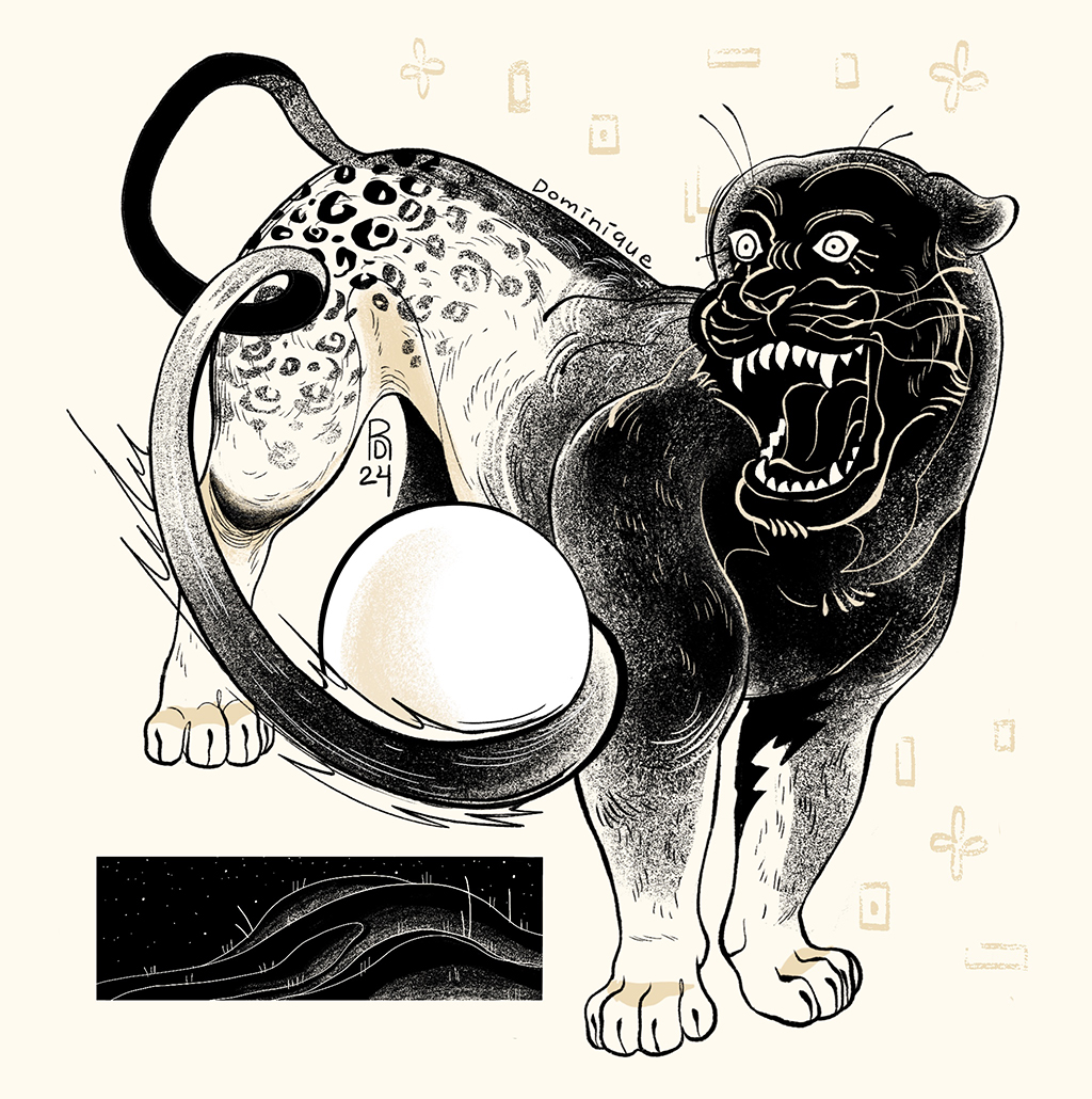 “Overnight” – jaguar holding the sun in it’s tail illustration