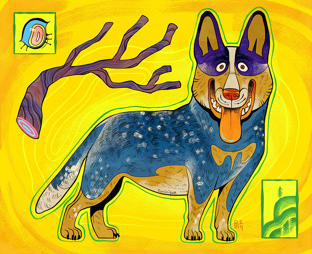 Illustration of a blue and brown dog with pointy ears on a yellow background. There is a large purple branch next to the dog.