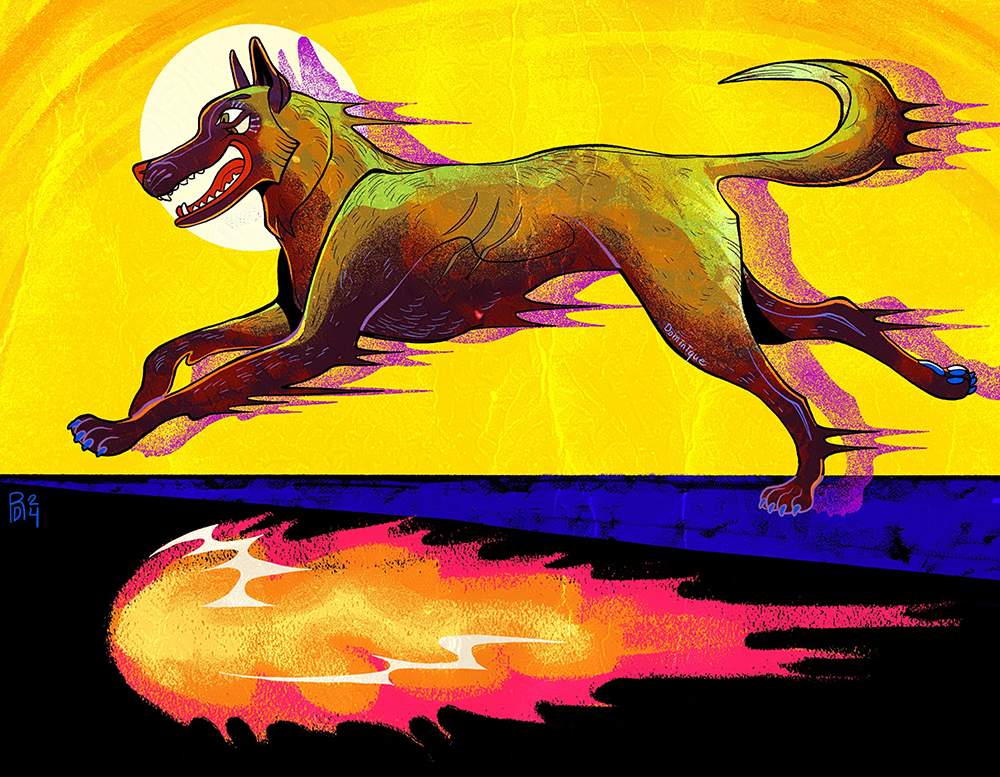 A brown and black dog with pointy ears, running alongside a fire ball.