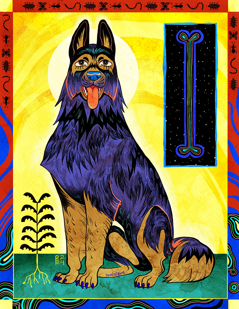 Illustration of a black and brown dog with pointy ears. There is a blue bone on the dog's right, and a clump of ferns on the dog's left.