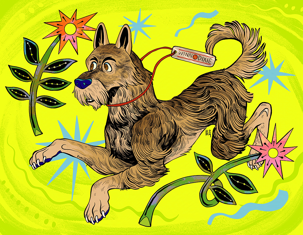 Illustration of a brown shaggy dog with 2 large flowers.