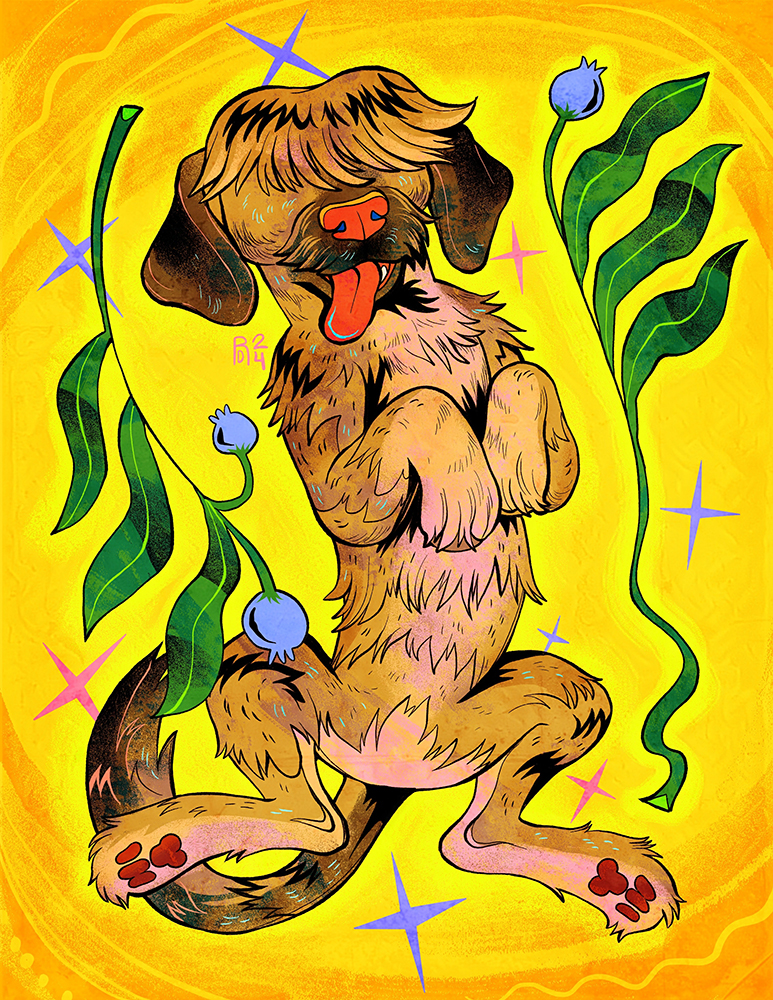 Illustration of a brown shaggy dog with floppy ears and 2 periwinkle flowers, on a yellow background